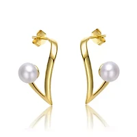 Lab Created Sterling Silver 14K Gold with White Freshwater Pearl Open Geometric Abstract Art Earrings