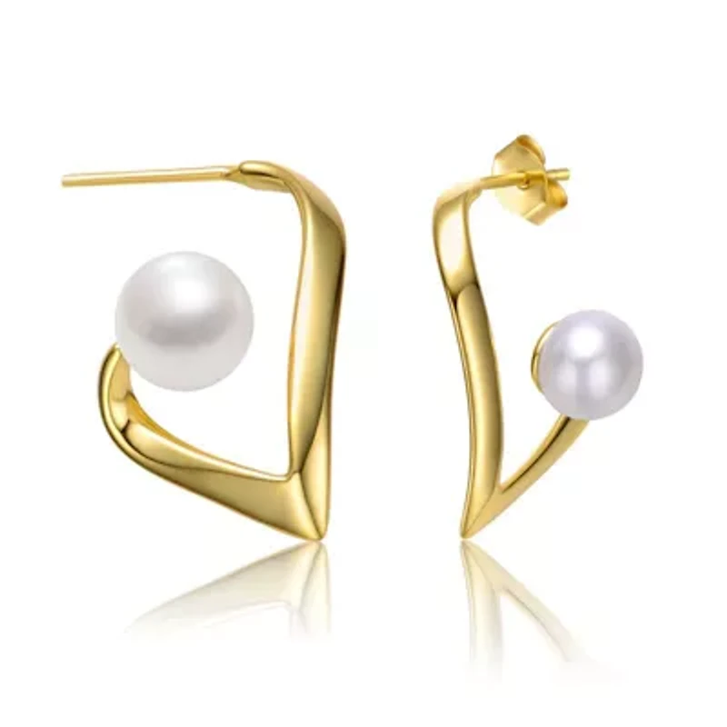 Lab Created Sterling Silver 14K Gold with White Freshwater Pearl Open Geometric Abstract Art Earrings