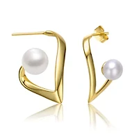 Lab Created Sterling Silver 14K Gold with White Freshwater Pearl Open Geometric Abstract Art Earrings