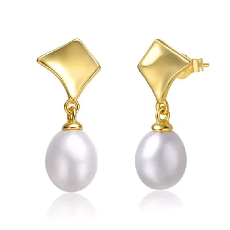 Lab Created Sterling Silver 14K Gold with White Freshwater Pearl Drop Geometric Shield Retro Dangle Earrings