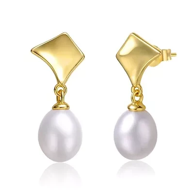 Lab Created Sterling Silver 14K Gold with White Freshwater Pearl Drop Geometric Shield Retro Dangle Earrings