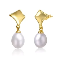 Lab Created Sterling Silver 14K Gold with White Freshwater Pearl Drop Geometric Shield Retro Dangle Earrings