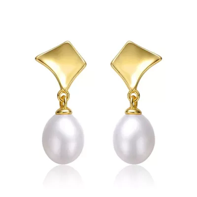 Lab Created Sterling Silver 14K Gold with White Freshwater Pearl Drop Geometric Shield Retro Dangle Earrings