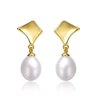 Lab Created Sterling Silver 14K Gold with White Freshwater Pearl Drop Geometric Shield Retro Dangle Earrings