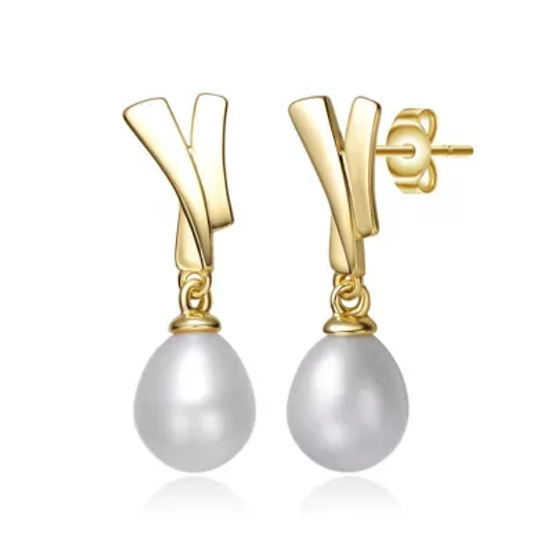 Lab Created Sterling Silver 14K Gold Plated with White Freshwater Pearl XOXO Hugs & Kisses Drop Earrings