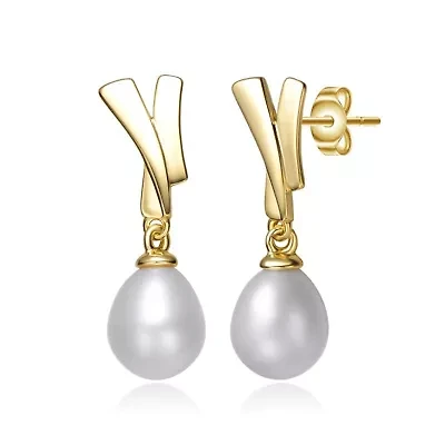 Lab Created Sterling Silver 14K Gold Plated with White Freshwater Pearl XOXO Hugs & Kisses Drop Earrings