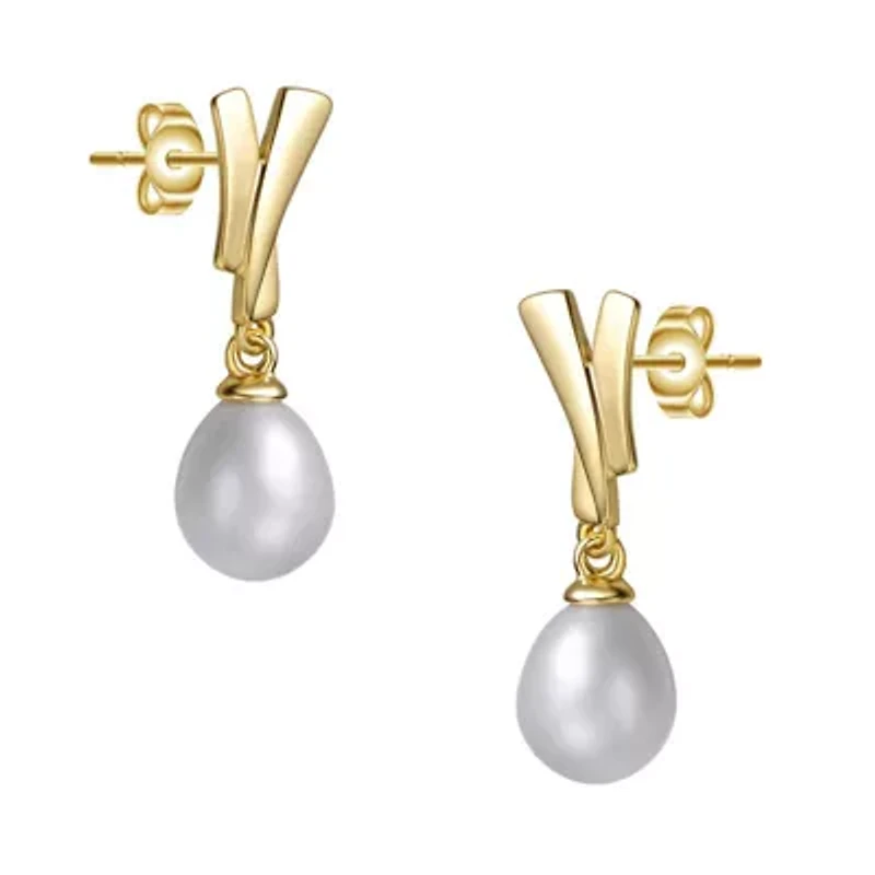 Lab Created Sterling Silver 14K Gold Plated with White Freshwater Pearl XOXO Hugs & Kisses Drop Earrings