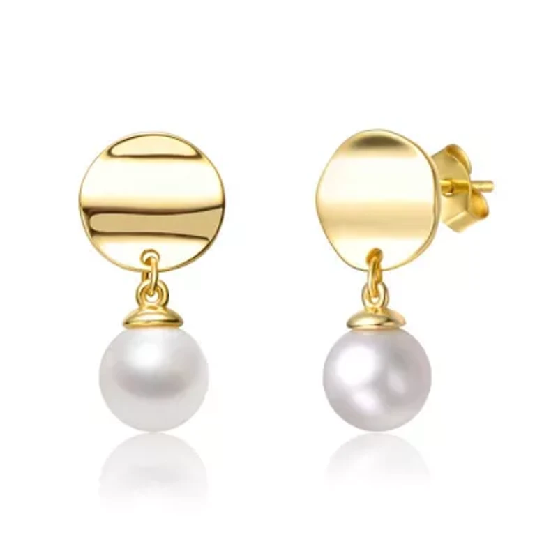 Lab Created Sterling Silver 14K Gold-Plated with White Freshwater Pearl Medallion Coin Drop Earrings