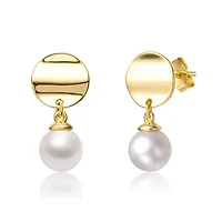 Lab Created Sterling Silver 14K Gold-Plated with White Freshwater Pearl Medallion Coin Drop Earrings