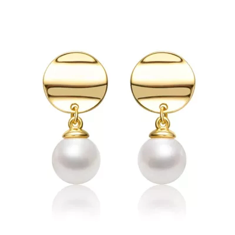 Lab Created Sterling Silver 14K Gold-Plated with White Freshwater Pearl Medallion Coin Drop Earrings