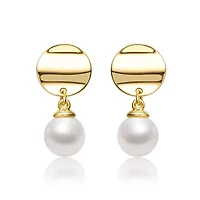 Lab Created Sterling Silver 14K Gold-Plated with White Freshwater Pearl Medallion Coin Drop Earrings