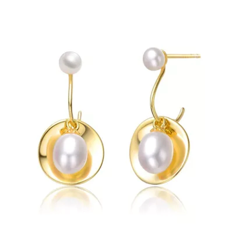 Lab Created Sterling Silver 14K Gold Plated with White Freshwater Pearl Drop Seashell Dangle Earrings