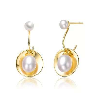Lab Created Sterling Silver 14K Gold Plated with White Freshwater Pearl Drop Seashell Dangle Earrings