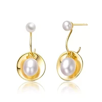 Lab Created Sterling Silver 14K Gold Plated with White Freshwater Pearl Drop Seashell Dangle Earrings