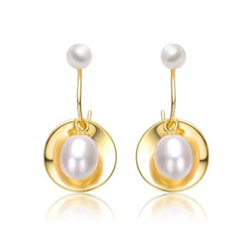 Lab Created Sterling Silver 14K Gold Plated with White Freshwater Pearl Drop Seashell Dangle Earrings