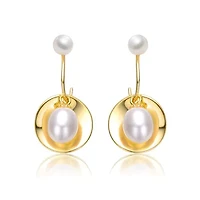Lab Created Sterling Silver 14K Gold Plated with White Freshwater Pearl Drop Seashell Dangle Earrings