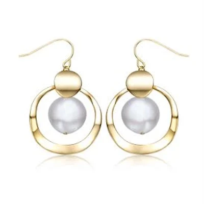 Lab Created Sterling Silver 14K Gold Plated with White Freshwater Pearl Concentric Halo Dangle Earrings
