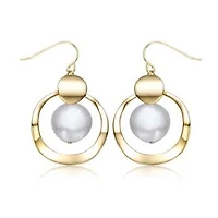 Lab Created Sterling Silver 14K Gold Plated with White Freshwater Pearl Concentric Halo Dangle Earrings