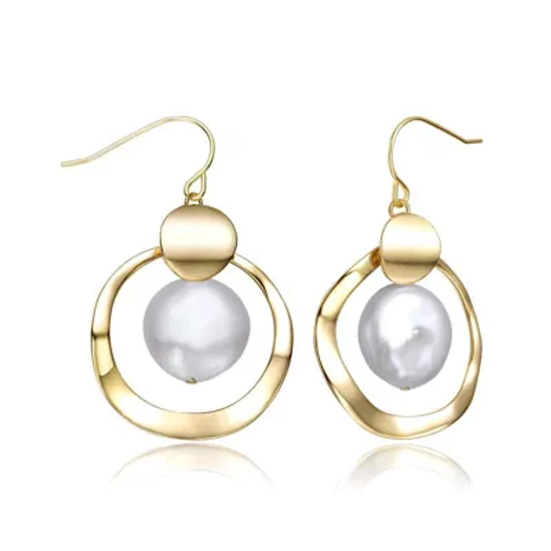 Lab Created Sterling Silver 14K Gold Plated with White Freshwater Pearl Concentric Halo Dangle Earrings