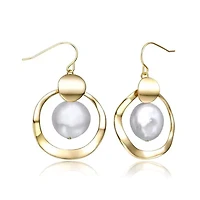 Lab Created Sterling Silver 14K Gold Plated with White Freshwater Pearl Concentric Halo Dangle Earrings