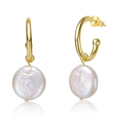 Lab Created Sterling Silver 14K Gold Plated with White Coin Freshwater Pearl Drop C-Hoop Earrings
