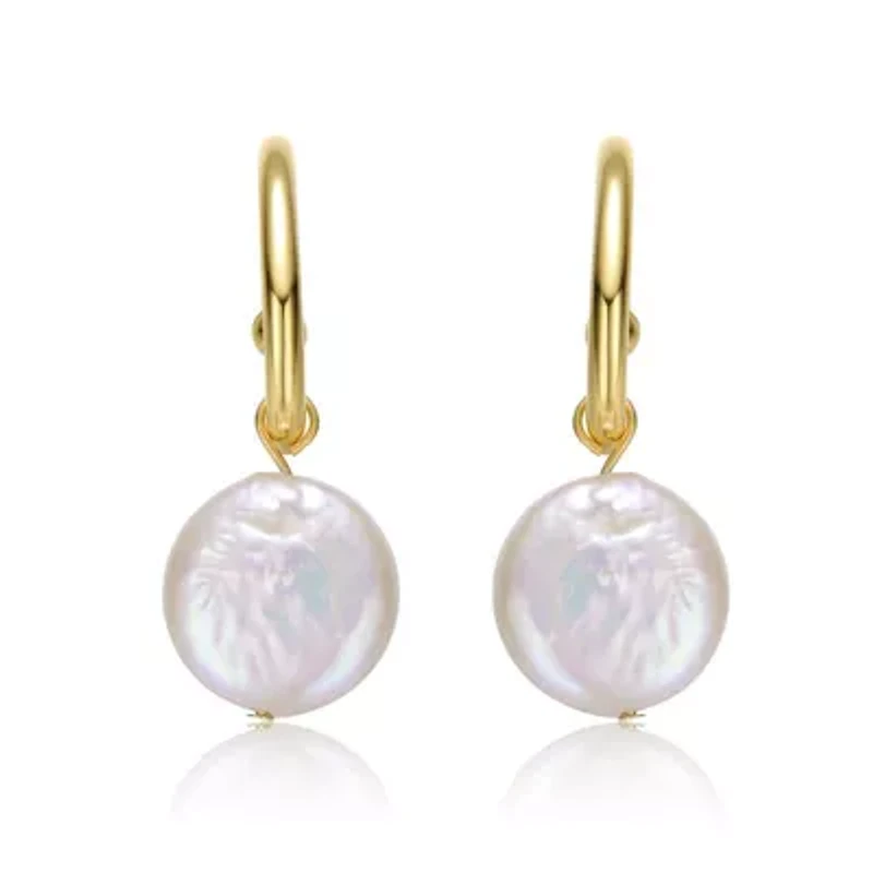 Lab Created Sterling Silver 14K Gold Plated with White Coin Freshwater Pearl Drop C-Hoop Earrings