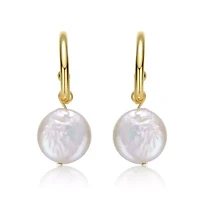 Lab Created Sterling Silver 14K Gold Plated with White Coin Freshwater Pearl Drop C-Hoop Earrings