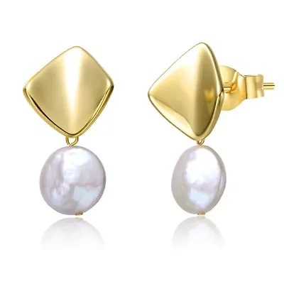 Lab Created Sterling Silver 14K Gold Plated with White Coin Freshwater Pearl Drop Double Dangle Geometric Earrings