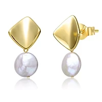 Lab Created Sterling Silver 14K Gold Plated with White Coin Freshwater Pearl Drop Double Dangle Geometric Earrings