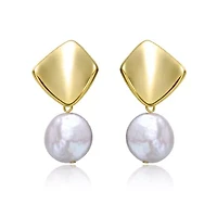 Lab Created Sterling Silver 14K Gold Plated with White Coin Freshwater Pearl Drop Double Dangle Geometric Earrings