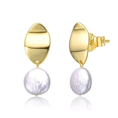 Lab Created Sterling Silver 14K Gold-Plated with White Coin Pearl Drop Earrings