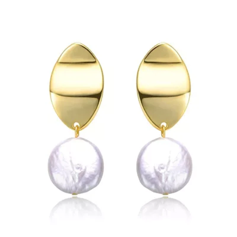 Lab Created Sterling Silver 14K Gold-Plated with White Coin Pearl Drop Earrings