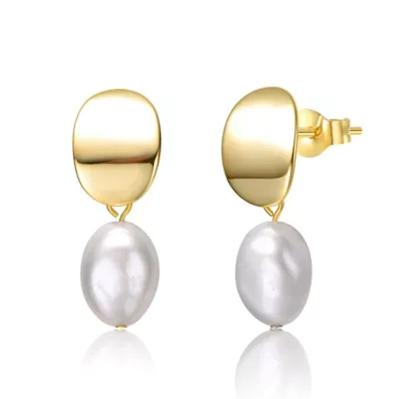 Lab Created Sterling Silver 14K Gold Plated with Oval White Freshwater Pearl Drop Earrings