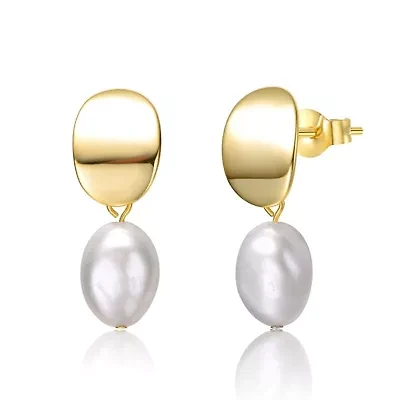 Lab Created Sterling Silver 14K Gold Plated with Oval White Freshwater Pearl Drop Earrings