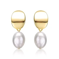 Lab Created Sterling Silver 14K Gold Plated with Oval White Freshwater Pearl Drop Earrings