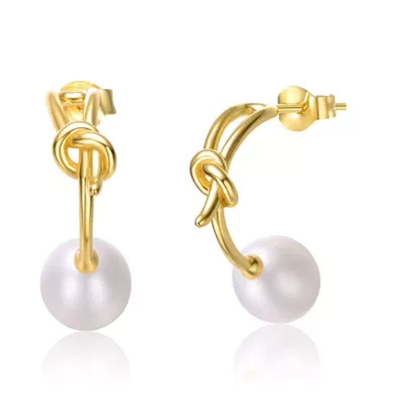 Lab Created Sterling Silver 14K Gold Plated with White Freshwater Pearl Love Knot Half-Hoop Earrings