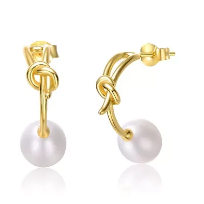 Lab Created Sterling Silver 14K Gold Plated with White Freshwater Pearl Love Knot Half-Hoop Earrings