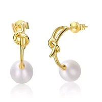 Lab Created Sterling Silver 14K Gold Plated with White Freshwater Pearl Love Knot Half-Hoop Earrings