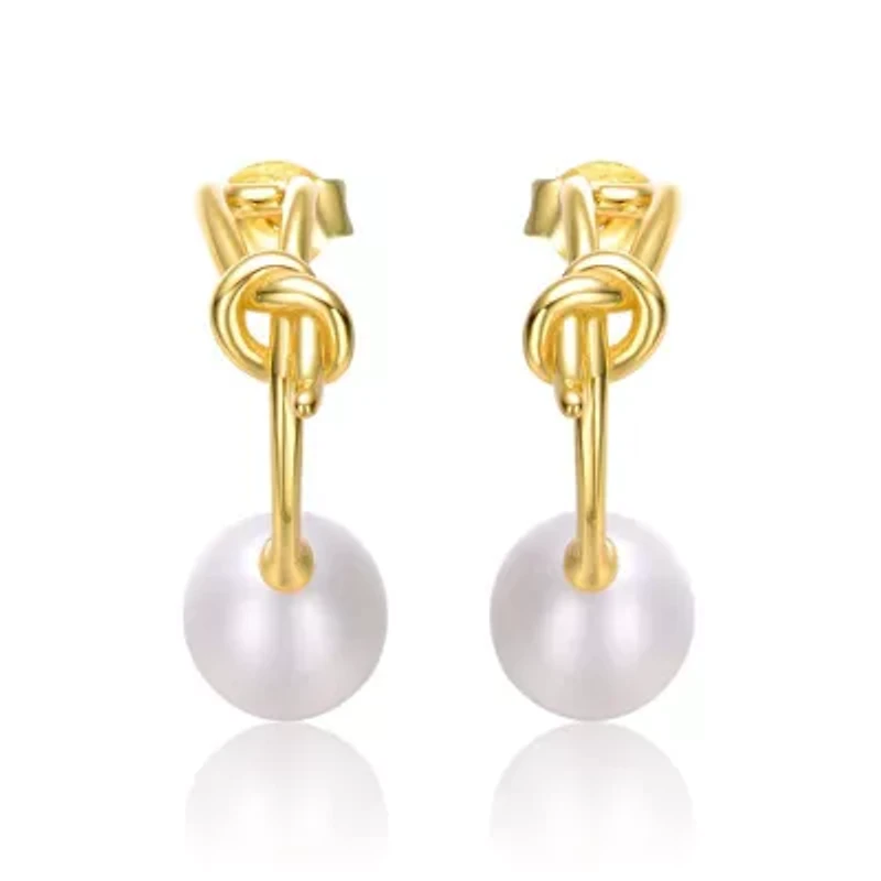 Lab Created Sterling Silver 14K Gold Plated with White Freshwater Pearl Love Knot Half-Hoop Earrings