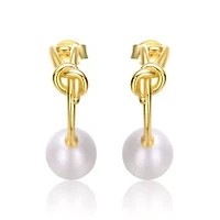 Lab Created Sterling Silver 14K Gold Plated with White Freshwater Pearl Love Knot Half-Hoop Earrings