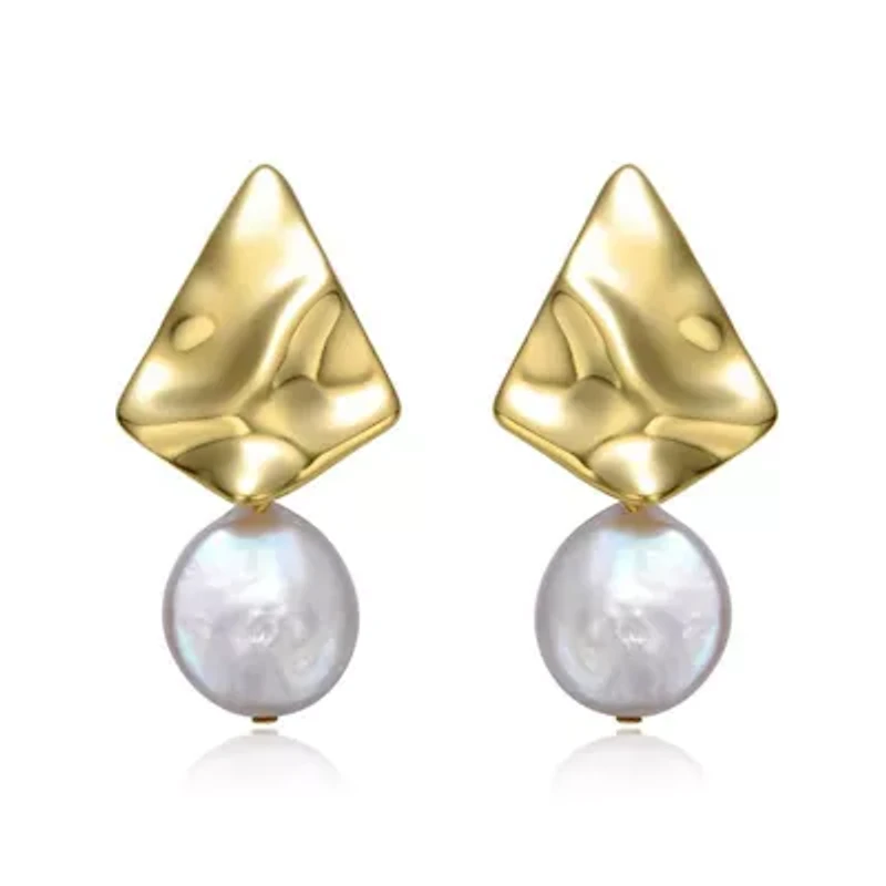 Lab Created Sterling Silver 14K Gold Plated with White Coin Freshwater Pearl Drop Geometric Rippled 3D Double Dangle Earrings