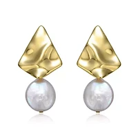 Lab Created Sterling Silver 14K Gold Plated with White Coin Freshwater Pearl Drop Geometric Rippled 3D Double Dangle Earrings