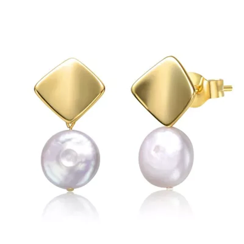Lab Created Sterling Silver 14K Gold Plated with White Coin Freshwater Pearl Double Dangle Square Earrings