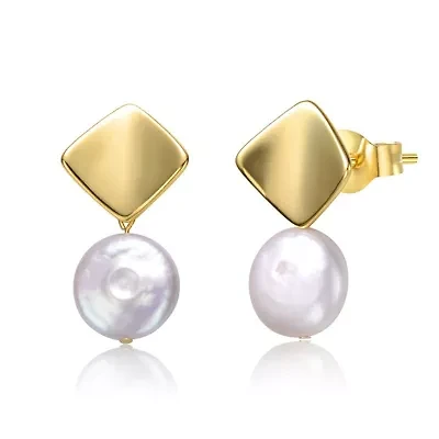 Lab Created Sterling Silver 14K Gold Plated with White Coin Freshwater Pearl Double Dangle Square Earrings