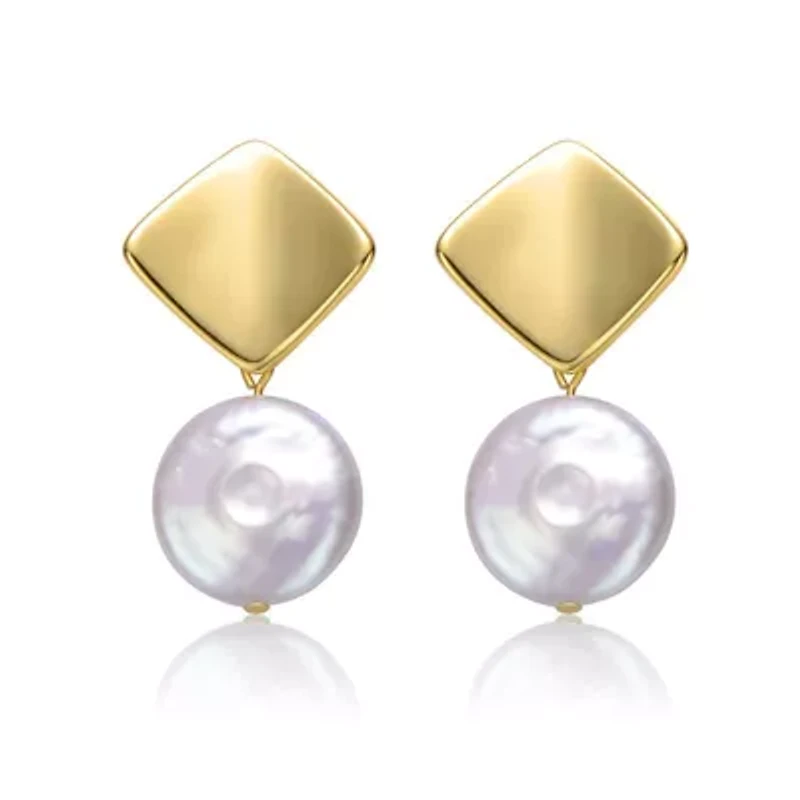 Lab Created Sterling Silver 14K Gold Plated with White Coin Freshwater Pearl Double Dangle Square Earrings