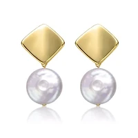 Lab Created Sterling Silver 14K Gold Plated with White Coin Freshwater Pearl Double Dangle Square Earrings
