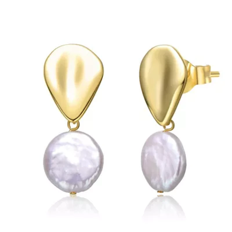 Lab Created Sterling Silver 14K Gold Plated with White Coin Freshwater Pearl Raindrop Double Dangle Drop Earrings