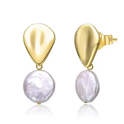 Lab Created Sterling Silver 14K Gold Plated with White Coin Freshwater Pearl Raindrop Double Dangle Drop Earrings