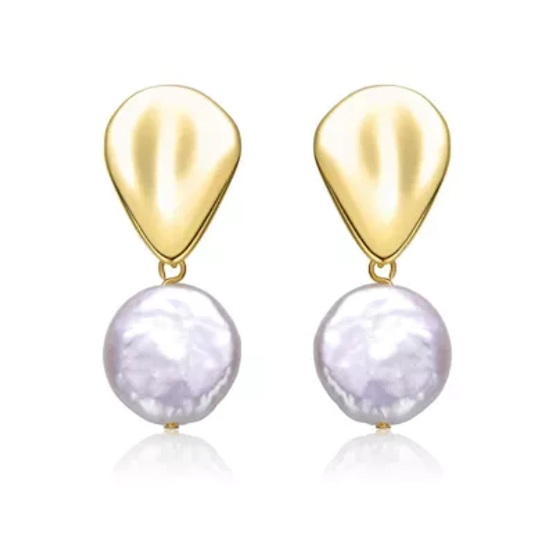 Lab Created Sterling Silver 14K Gold Plated with White Coin Freshwater Pearl Raindrop Double Dangle Drop Earrings