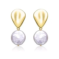 Lab Created Sterling Silver 14K Gold Plated with White Coin Freshwater Pearl Raindrop Double Dangle Drop Earrings